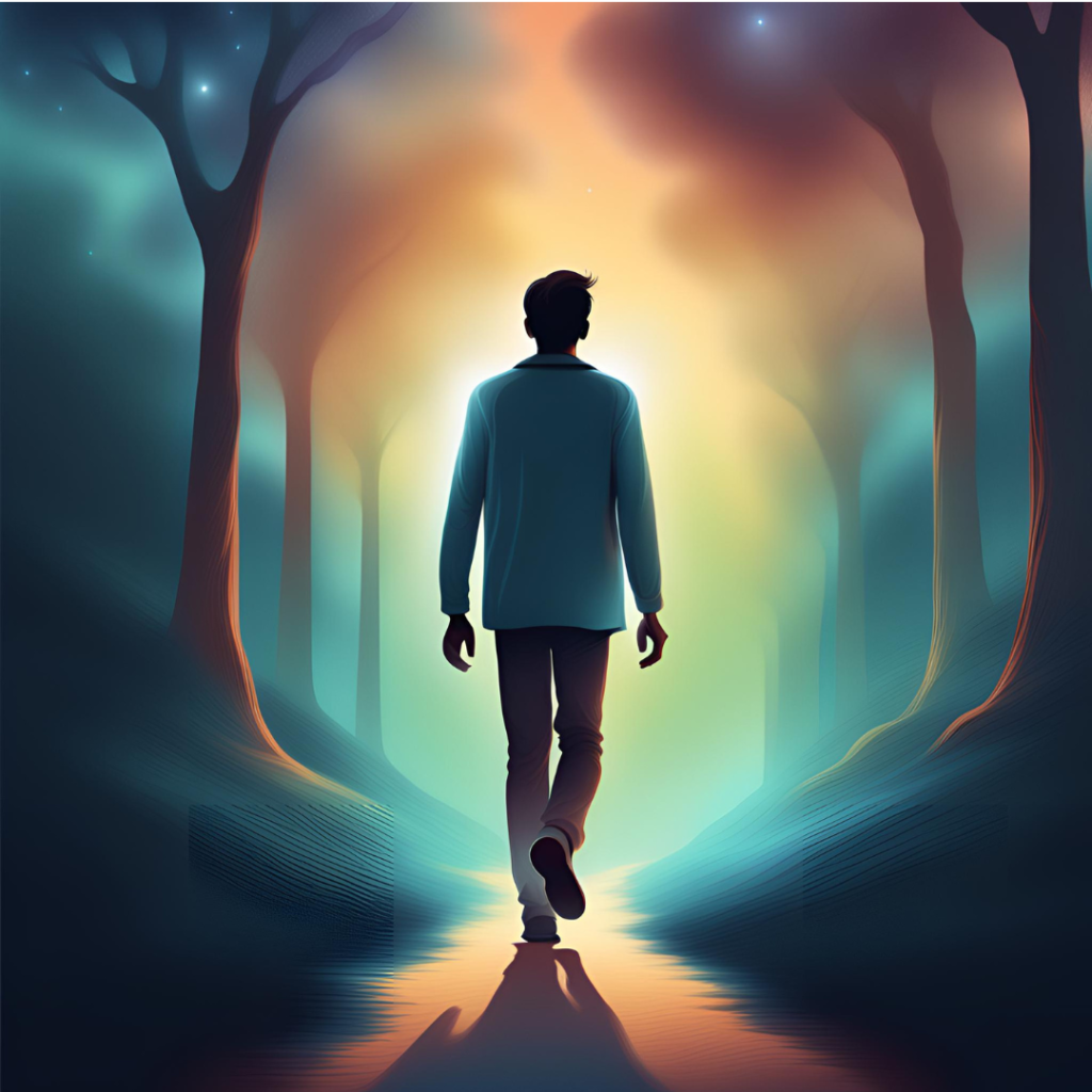 man walking into light